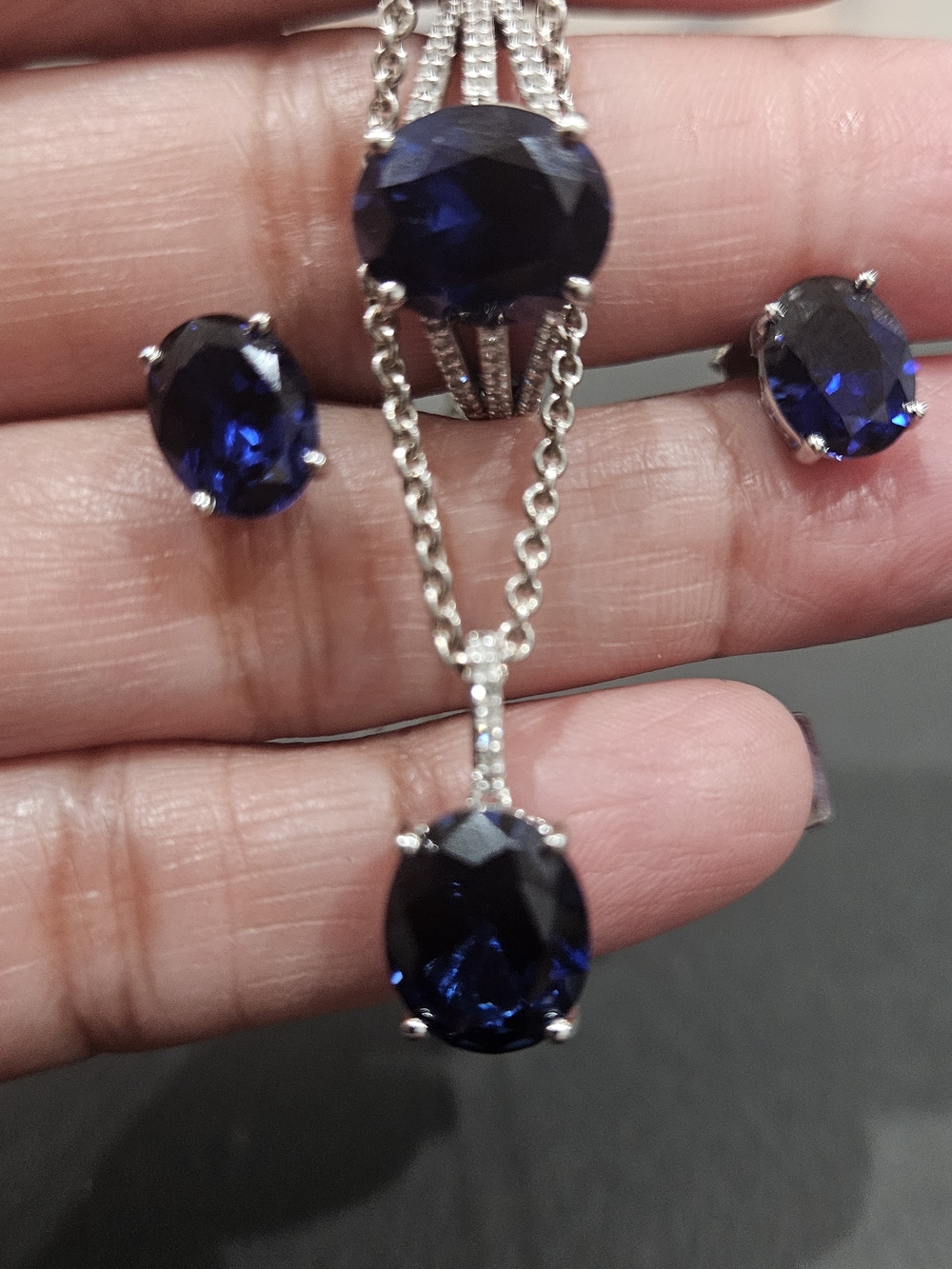 .925 RL Deep Blue Oval Crystal Ring Sz 7 Necklace 19" and Earrings Set